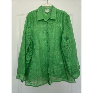 Coldwater Creek Flax Blend Sheer Button Down Top‎ Green Floral Print Blouse 3X